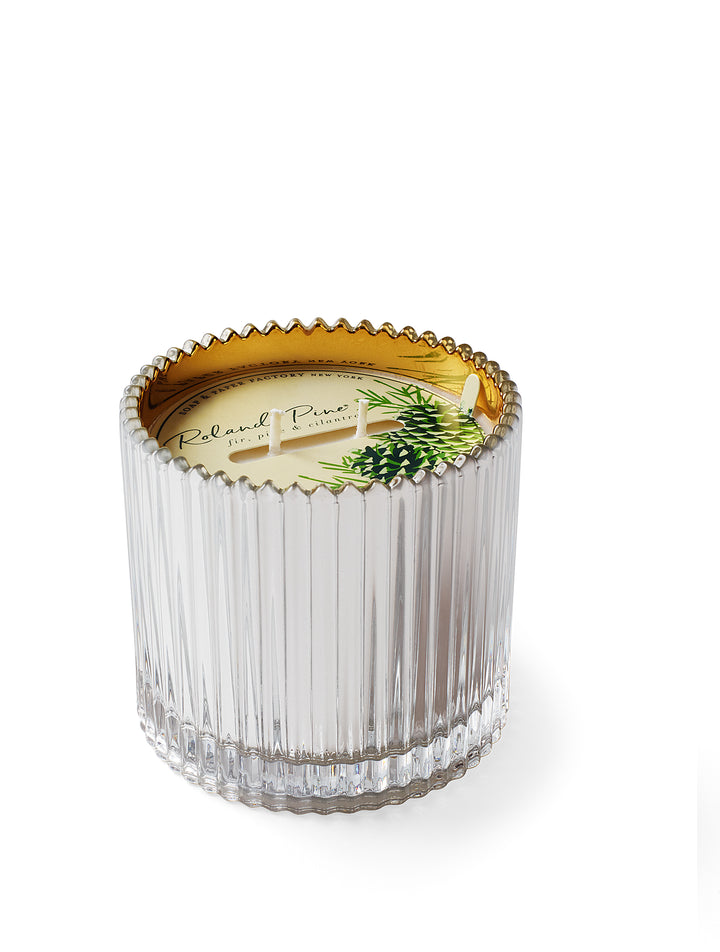 Roland Pine 14 oz Silver & Gold Two-Wick Ribbed Glass Soy Candle