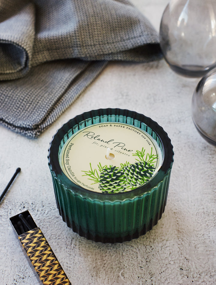 Roland Pine 6 oz Forest Green Single-Wick Ribbed Glass Soy Candle