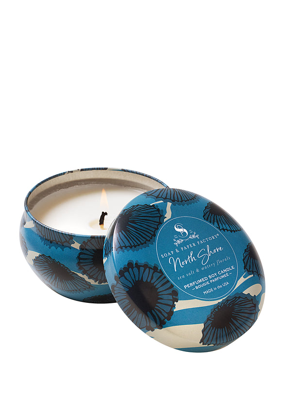 North Shore features deeply layered notes of sea salt & lush, watery florals. This 6 oz tin soy candle burns clean for up to 22 hours. Perfect for travel! 