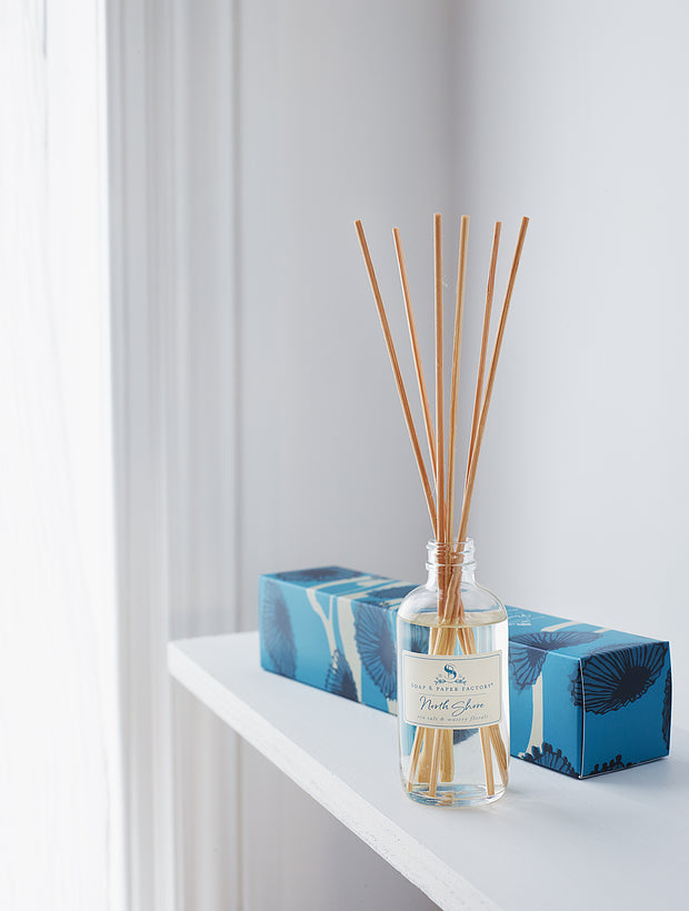 The best way to fragrance every room 24/7! Soap & Paper Factory’s 3.65 oz Reed Diffusers last up to six months and we recommend you flip the reeds often to instantly infuse any space.  North Shore features deeply layered notes of sea salt & lush, watery florals that will transport you to the edge of the sea with crashing waves, hot sun and sandy beaches.