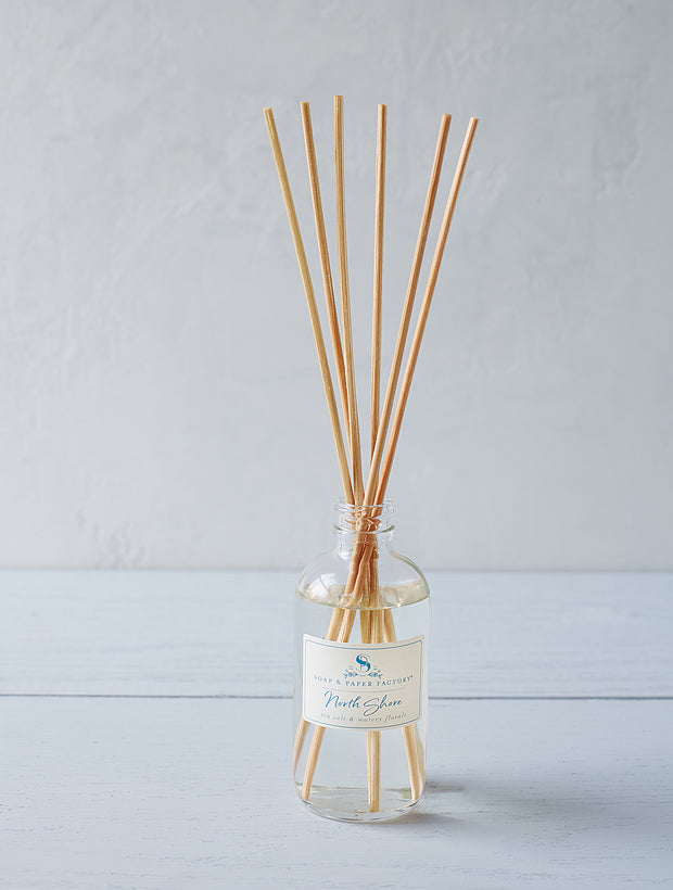 The best way to fragrance every room 24/7! Soap & Paper Factory’s 3.65 oz Reed Diffusers last up to six months and we recommend you flip the reeds often to instantly infuse any space. North Shore features deeply layered notes of sea salt & lush, watery florals that will transport you to the edge of the sea with crashing waves, hot sun and sandy beaches.