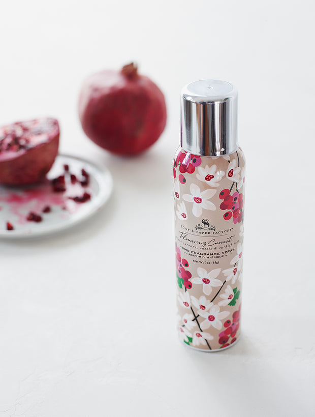 Soap & Paper Factory Fragrance Sprays are high octane, non-aerosol and perfect for every room in you home. Freshen up your car, office, bathroom or any room needing a zing of freshness. All of our sprays are safe for use as a personal fragrance, too – in case you can’t get enough! Flowering Currant offers fruity and tart notes of Currant and Cassis, blended with deep, sultry and Floral Turkish Rose to create a beautiful, exotic blend.