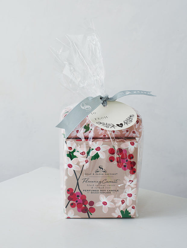 Soap & Paper Factory meticulously blends essential and phthalate free fragrance oils to create natural, clean fragances that are truly unique and beautiful. Flowering Currant is the perfect balance of tart, crisp notes of fresh citrus and rich floral. This set includes one 9.5 oz soy candle and one 5 oz Soap Bar all tied up in cello and ready for gifting! 