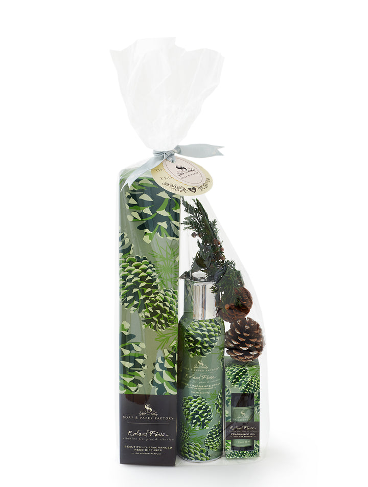 Roland Pine Diffuser, Fragrance Spray and Fragrance Oil will keep your entire home/office fragrant with festive notes of Fir & Pine. Each gift set is hand wrapped.