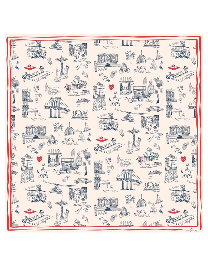 New York Toile Satin Scarf - Navy Blue