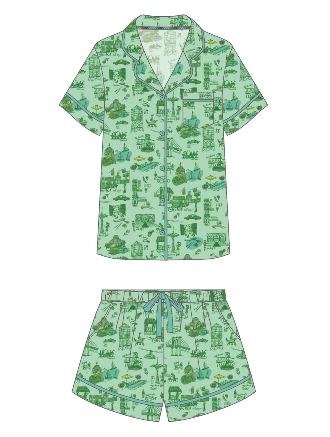 New York Toile Short Set Pajamas - Green