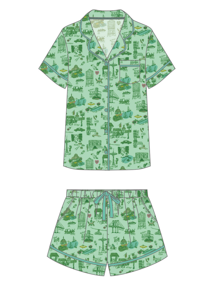 New York Toile Short Set Pajamas - Green