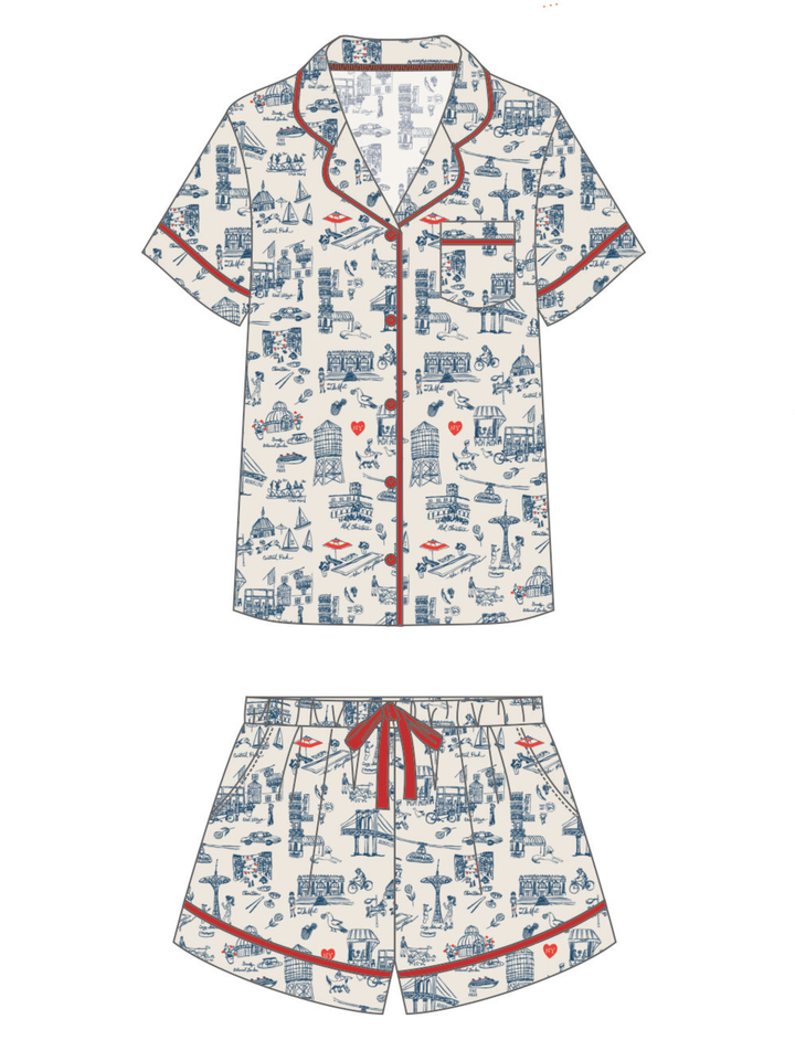 New York Toile Short Set Pajamas - Navy Blue