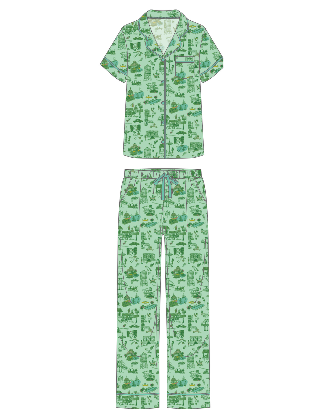 New York Toile Pant Set Pajamas - Green