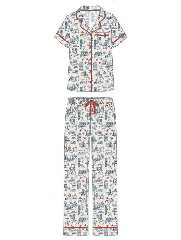 New York Toile Pant Set Pajamas - Navy Blue