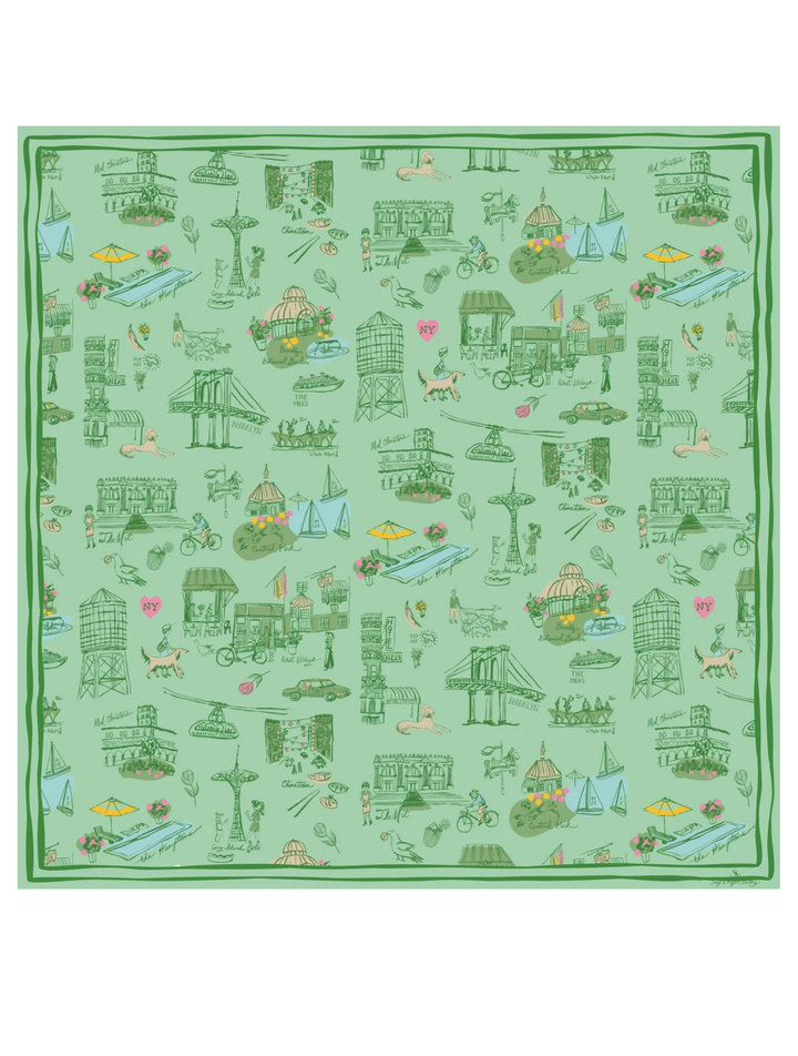 New York Toile Satin Scarf - Green
