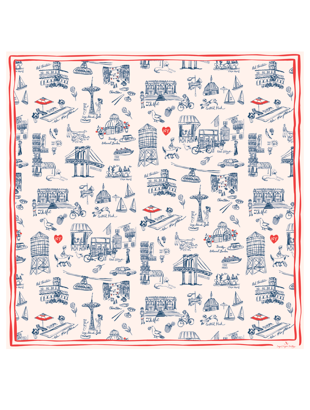 New York Toile Satin Scarf - Navy Blue