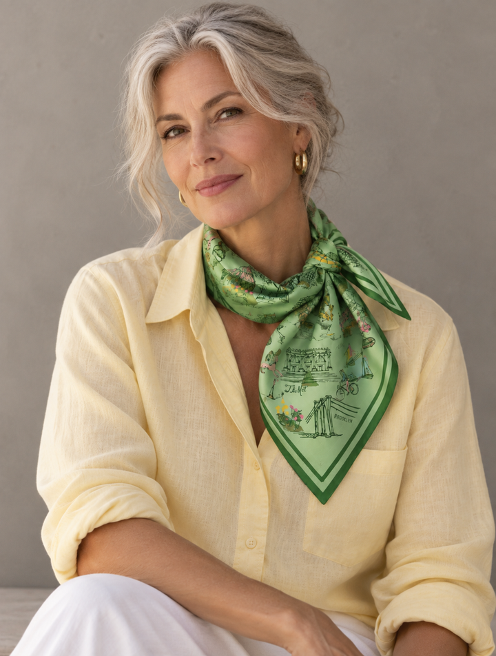 New York Toile Satin Scarf - Green
