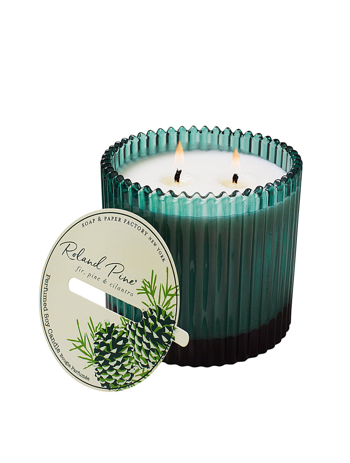 Roland Pine 14 oz Forest Green Two-Wick Ribbed Glass Soy Candle