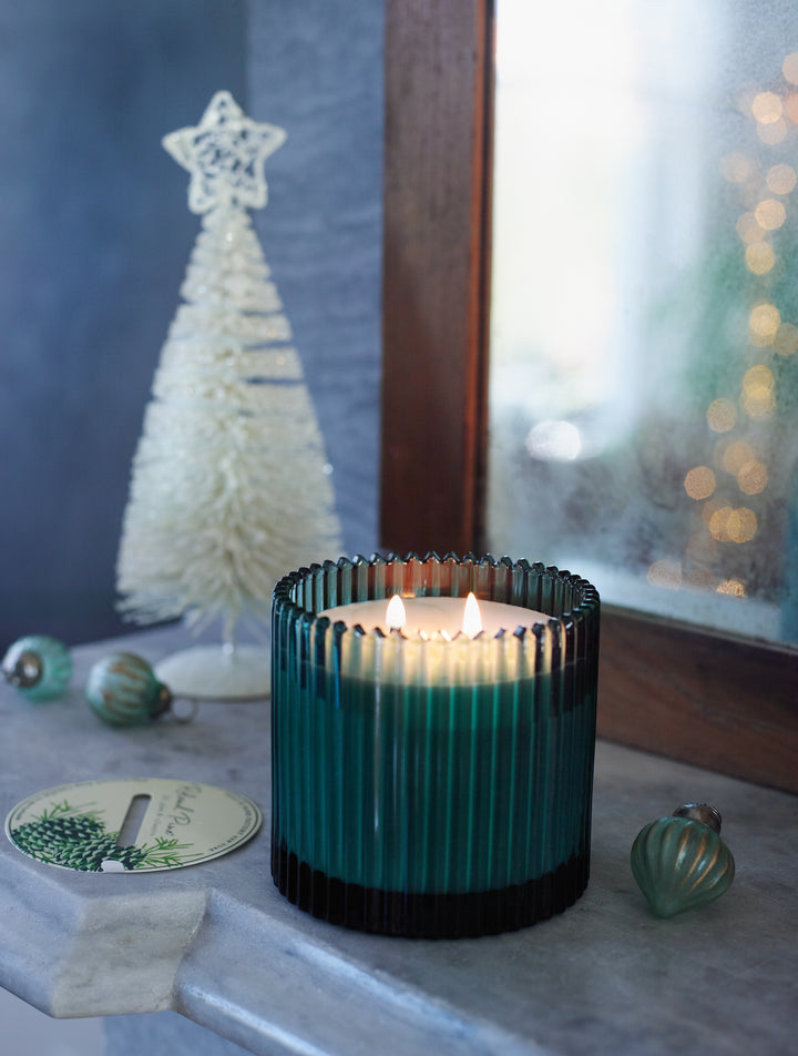 Roland Pine 14 oz Forest Green Two-Wick Ribbed Glass Soy Candle