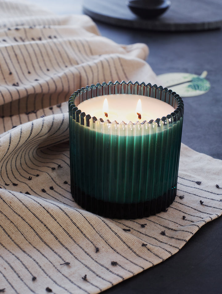 Roland Pine 14 oz Forest Green Two-Wick Ribbed Glass Soy Candle