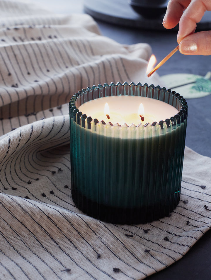 Roland Pine 14 oz Forest Green Two-Wick Ribbed Glass Soy Candle
