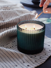 Roland Pine Two-Wick Ribbed Glass Candle