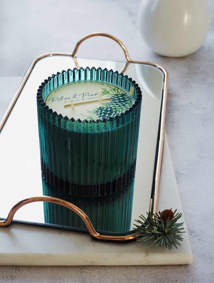 Roland Pine 14 oz Forest Green Two-Wick Ribbed Glass Soy Candle
