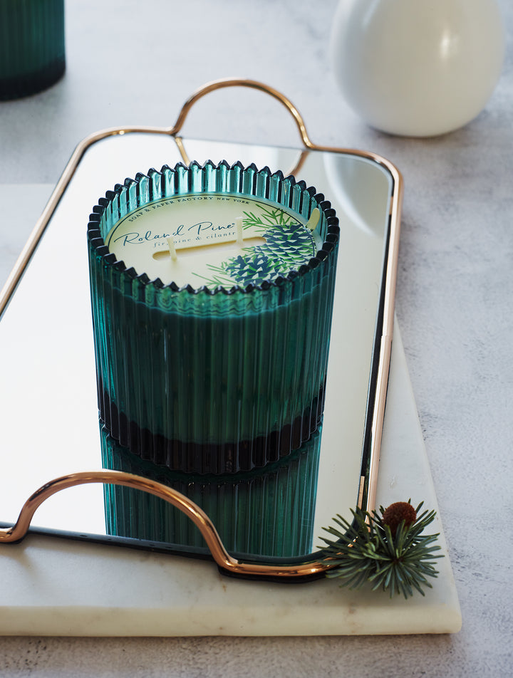 Roland Pine 14 oz Forest Green Two-Wick Ribbed Glass Soy Candle