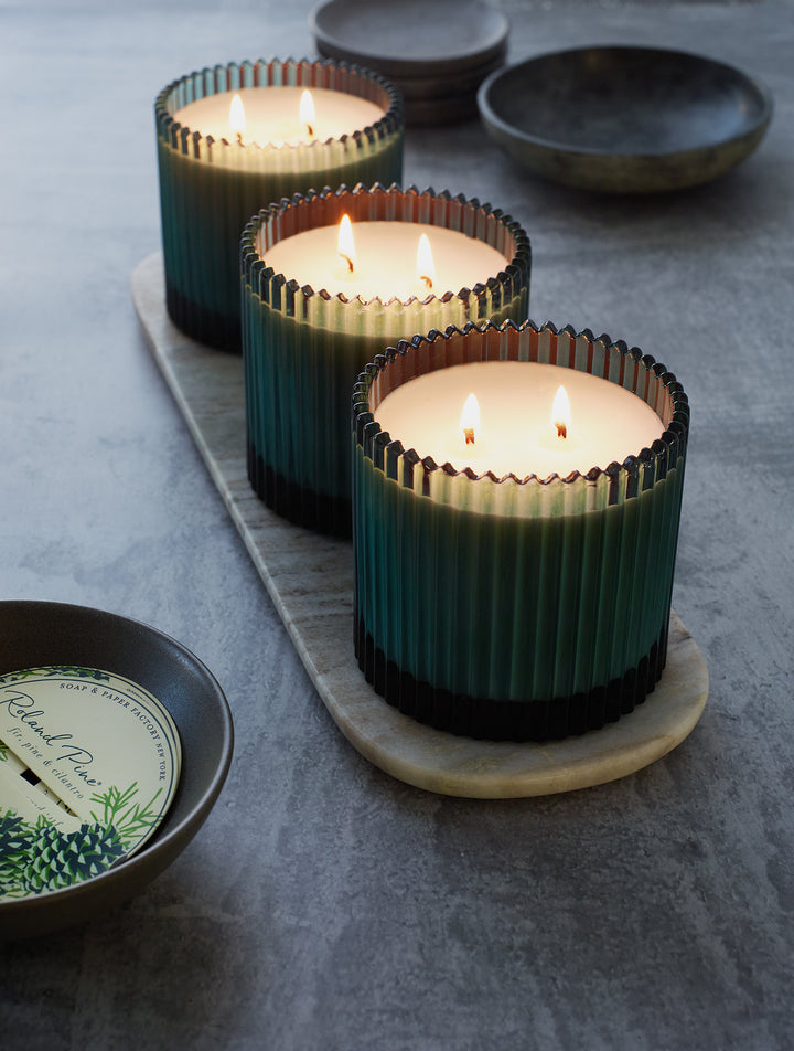 Roland Pine 14 oz Forest Green Two-Wick Ribbed Glass Soy Candle