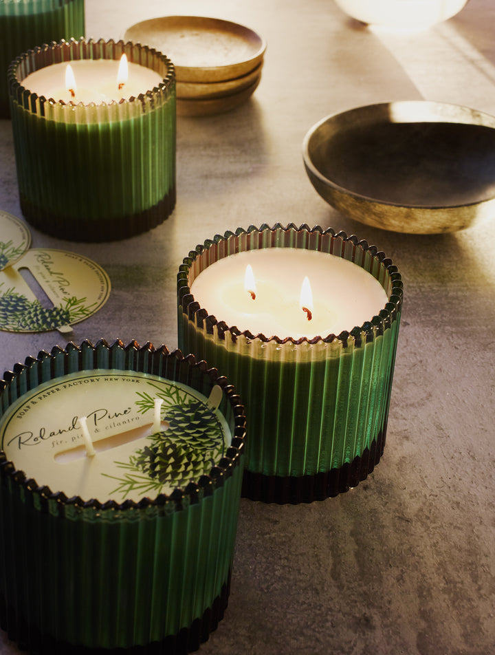 Roland Pine 14 oz Forest Green Two-Wick Ribbed Glass Soy Candle