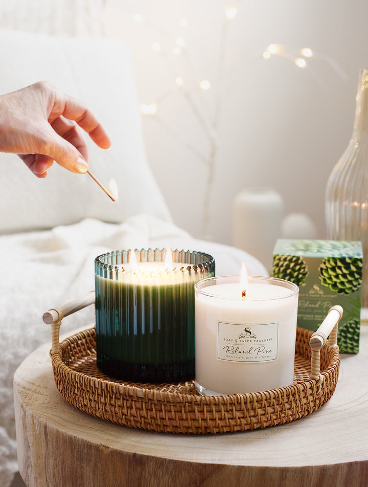 Roland Pine 14 oz Forest Green Two-Wick Ribbed Glass Soy Candle