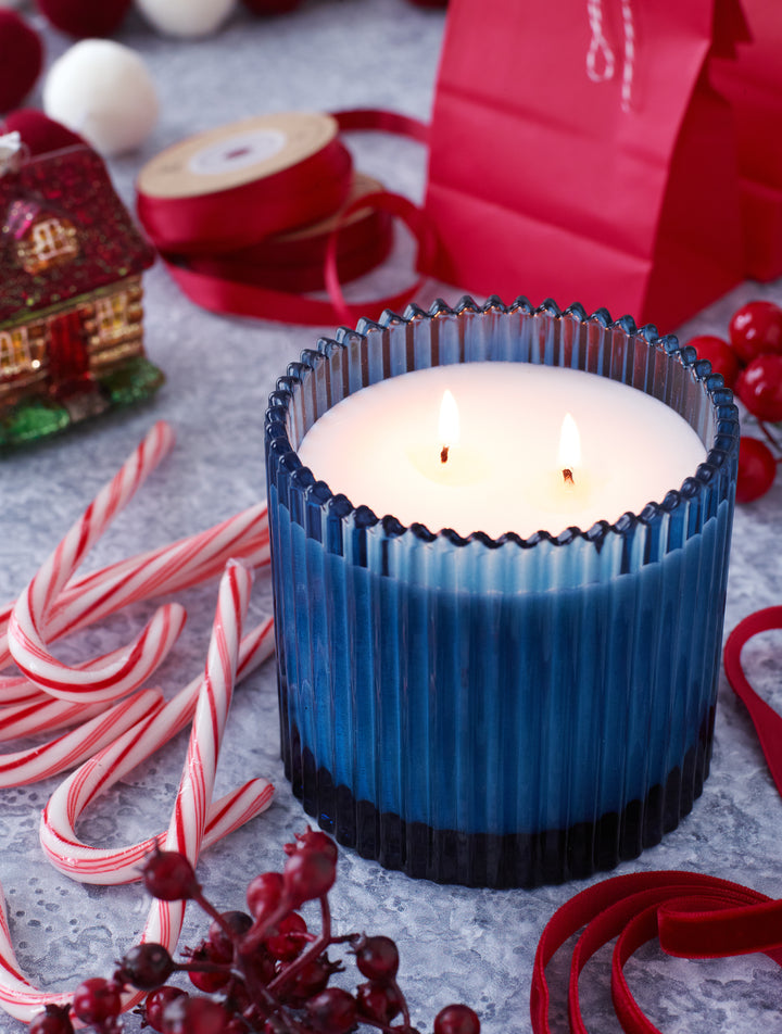 Home for the Holidays Roland Pine 14 oz Blue Two-Wick Ribbed Glass Candle