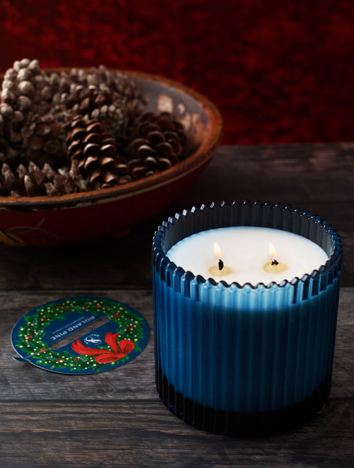 Home for the Holidays Roland Pine 14 oz Blue Two-Wick Ribbed Glass Candle