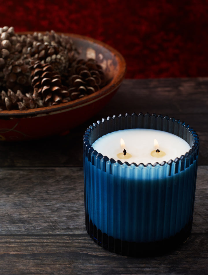 Home for the Holidays Roland Pine 14 oz Blue Two-Wick Ribbed Glass Candle