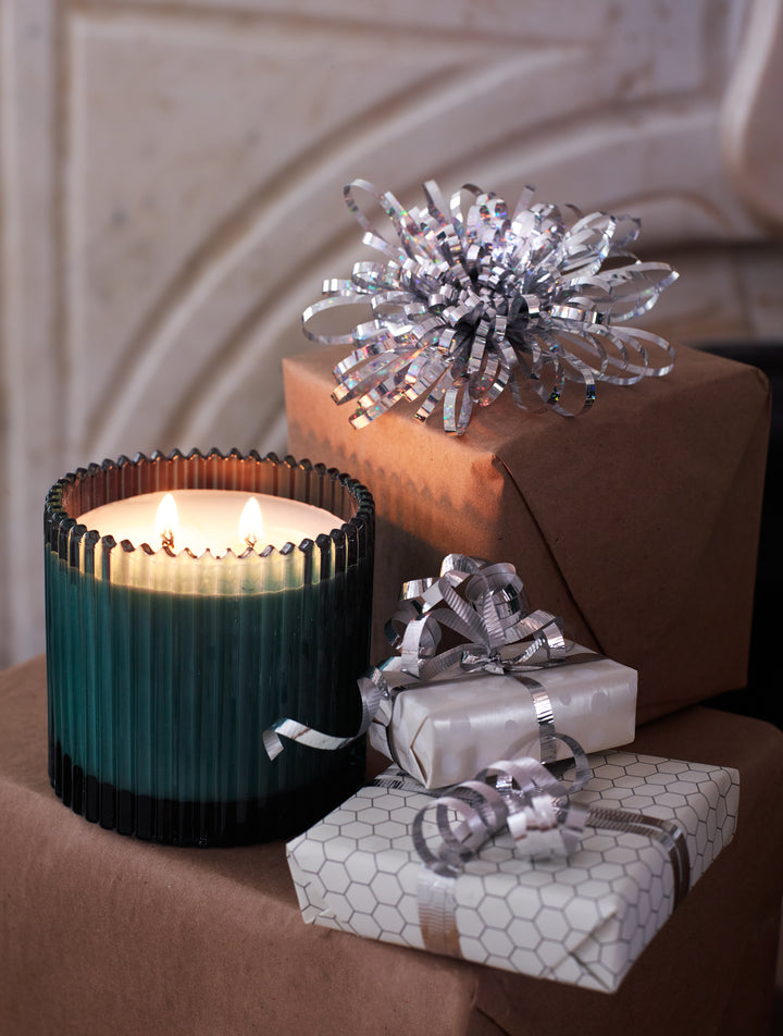 Roland Pine 14 oz Forest Green Two-Wick Ribbed Glass Soy Candle