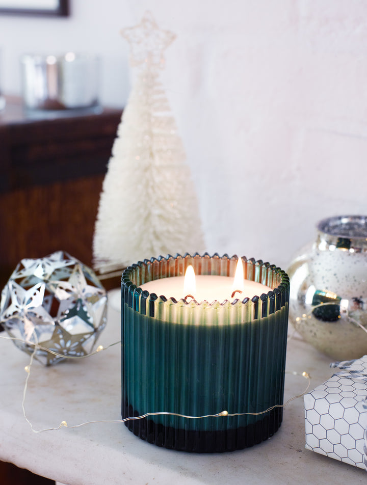 Roland Pine 14 oz Forest Green Two-Wick Ribbed Glass Soy Candle