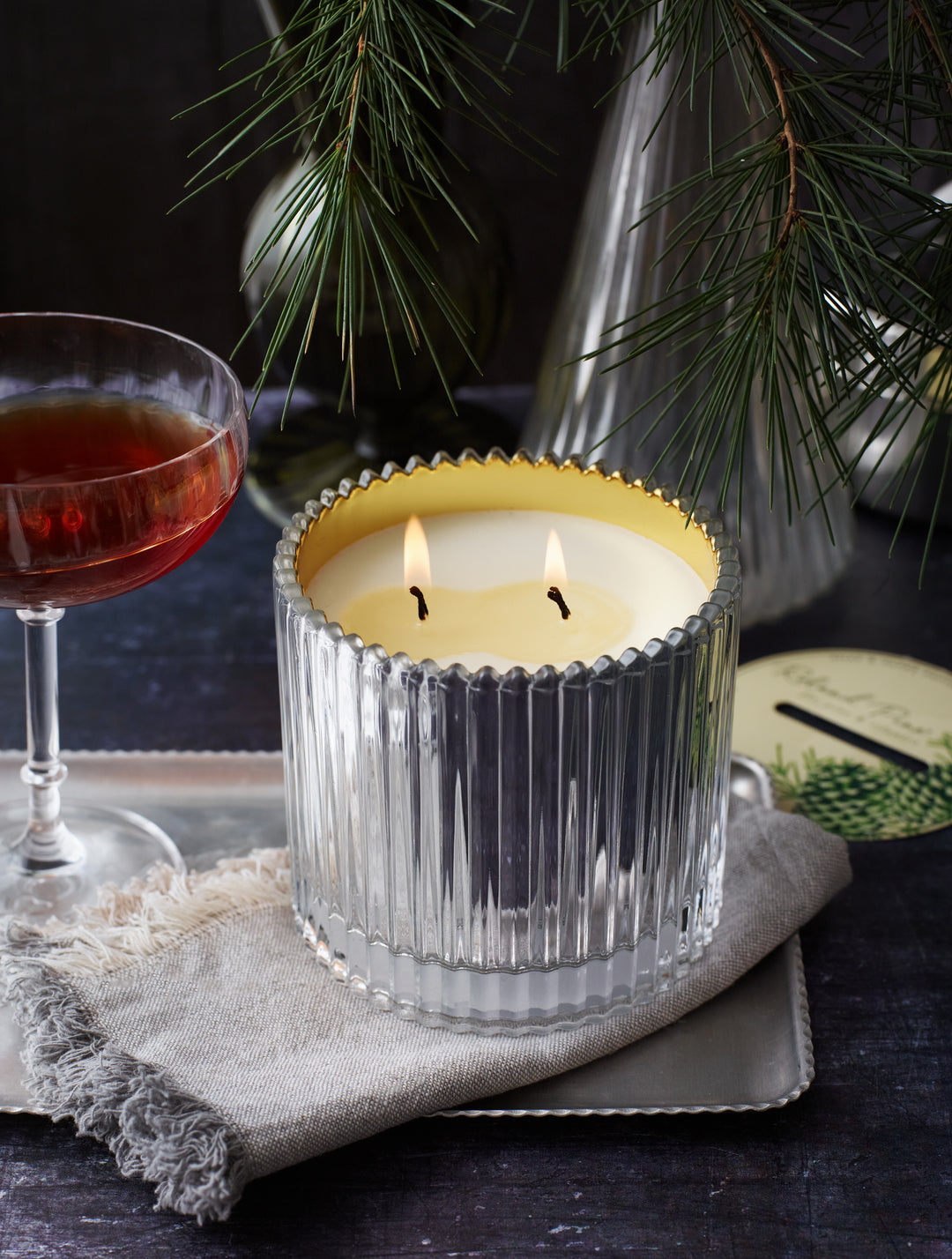 Roland Pine 14 oz Silver & Gold Two-Wick Ribbed Glass Soy Candle