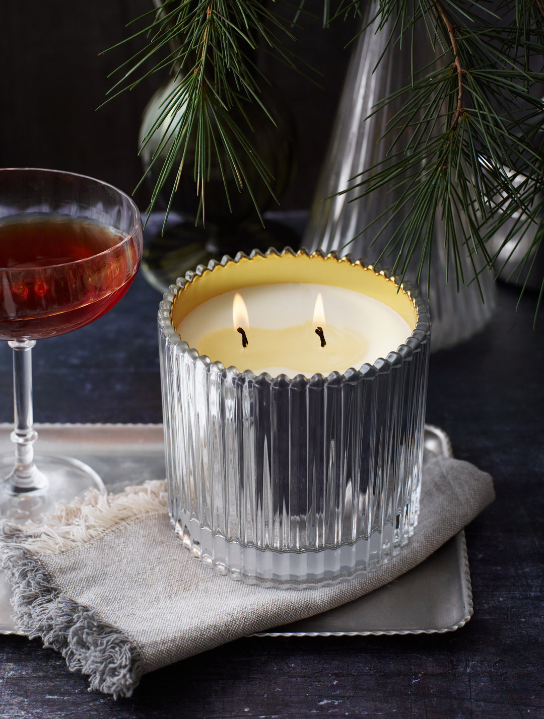 Roland Pine 14 oz Silver & Gold Two-Wick Ribbed Glass Soy Candle