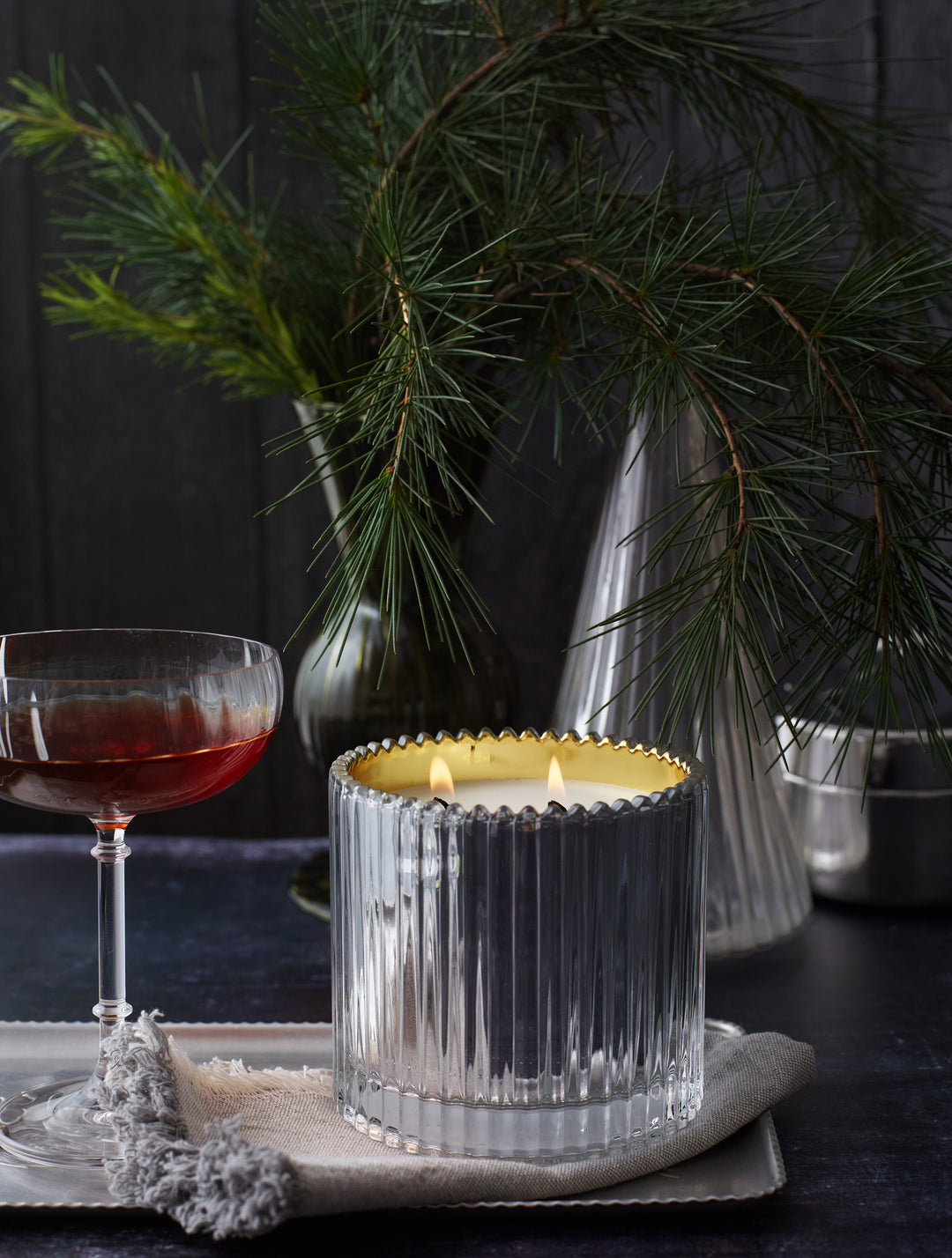 Roland Pine 14 oz Silver & Gold Two-Wick Ribbed Glass Soy Candle