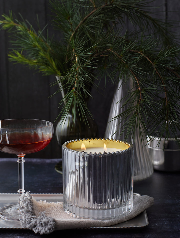 Roland Pine 14 oz Silver & Gold Two-Wick Ribbed Glass Soy Candle