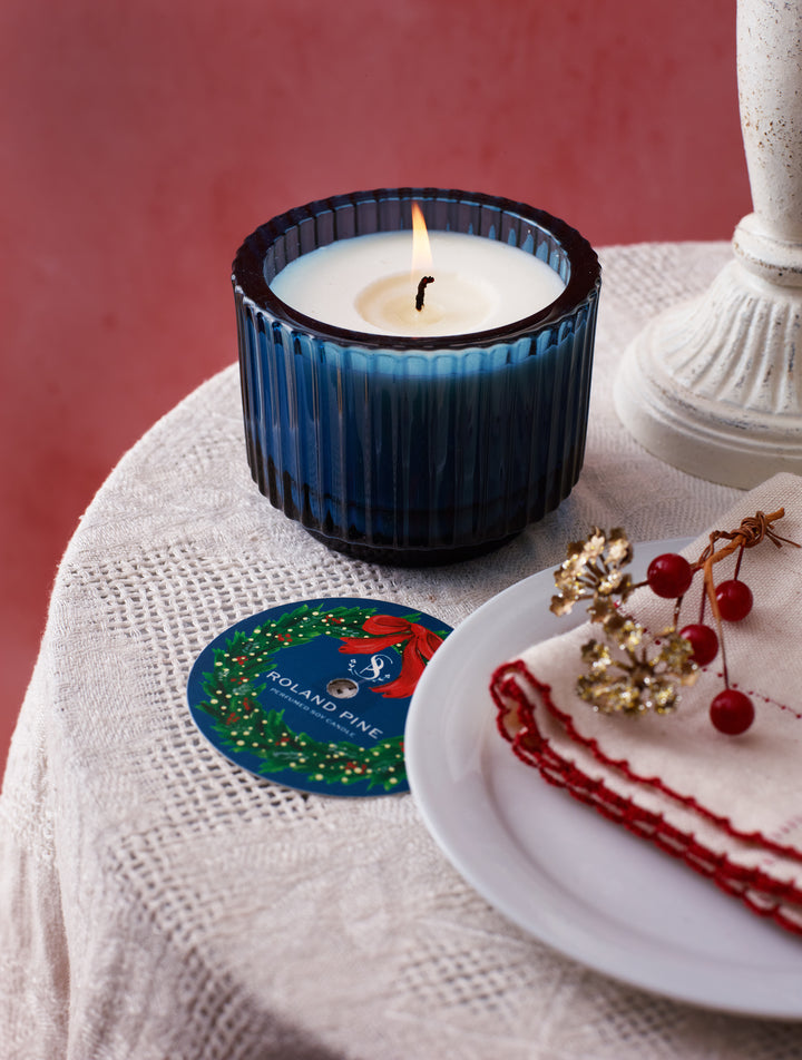 Home for the Holidays Roland Pine 6 oz Blue Single-Wick Ribbed Glass Candle