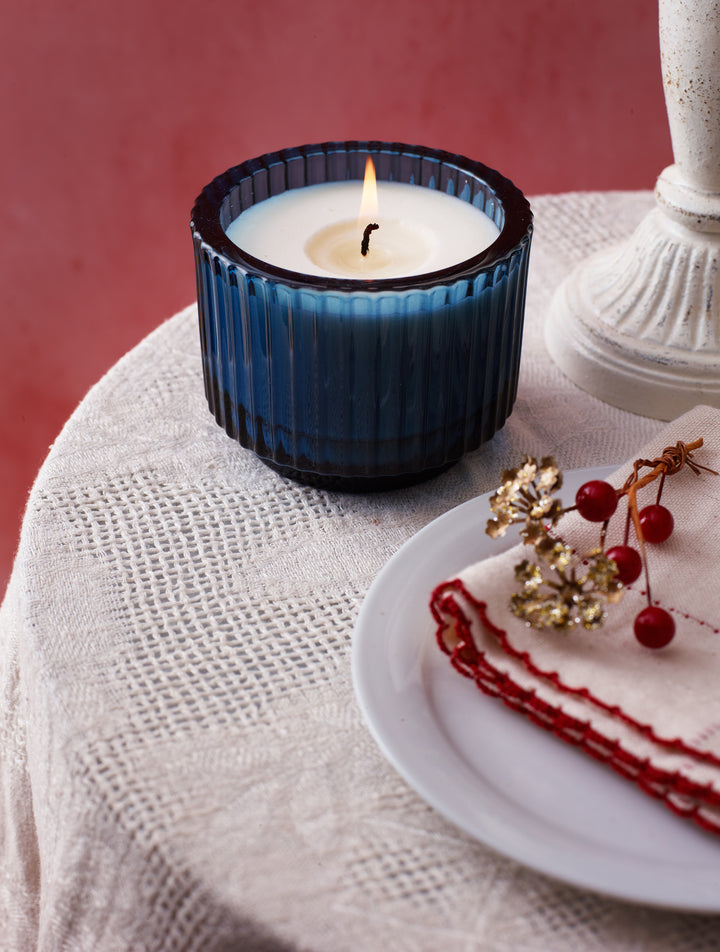 Home for the Holidays Roland Pine 6 oz Blue Single-Wick Ribbed Glass Candle