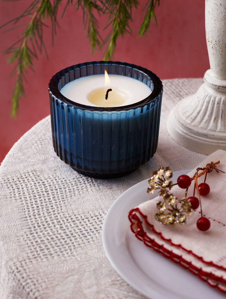 Home for the Holidays Roland Pine 6 oz Blue Single-Wick Ribbed Glass Candle