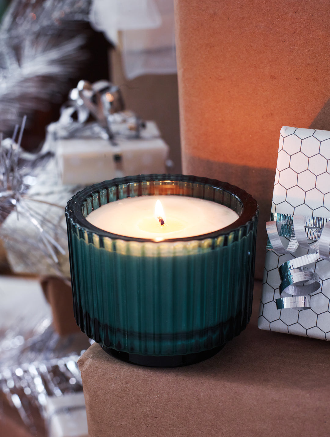 Roland Pine 6 oz Forest Green Single-Wick Ribbed Glass Soy Candle