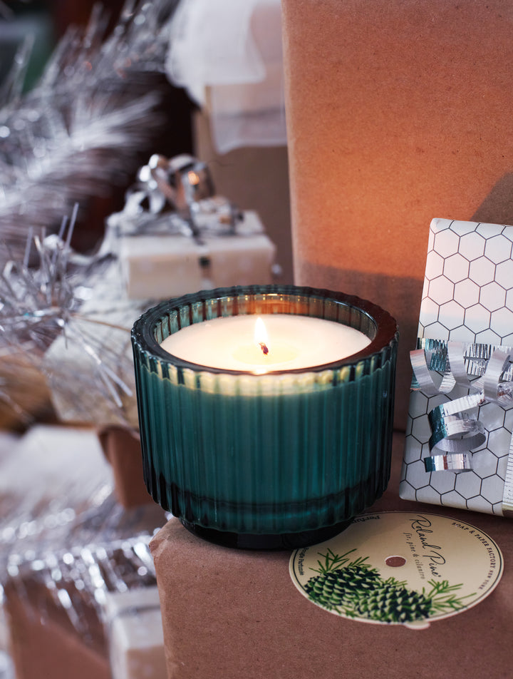Roland Pine 6 oz Forest Green Single-Wick Ribbed Glass Soy Candle