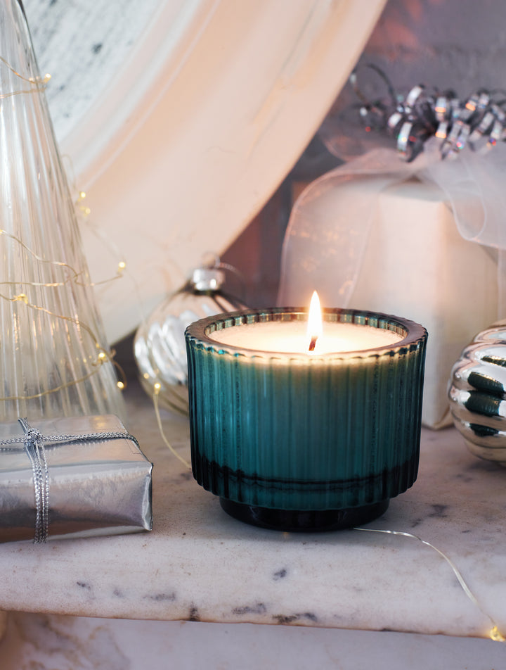 Roland Pine 6 oz Forest Green Single-Wick Ribbed Glass Soy Candle