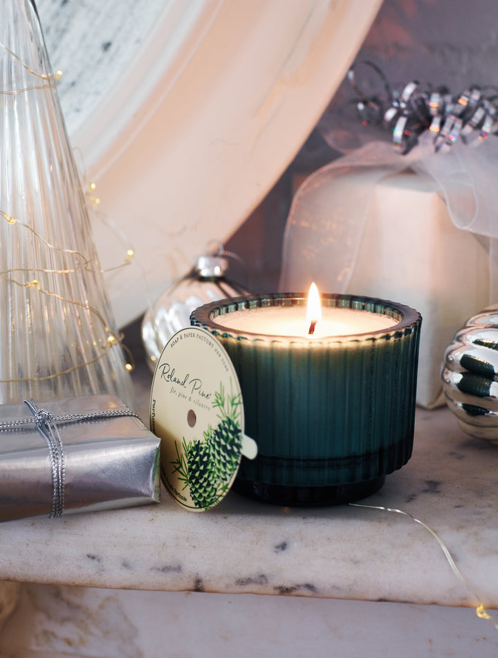 Roland Pine 6 oz Forest Green Single-Wick Ribbed Glass Soy Candle