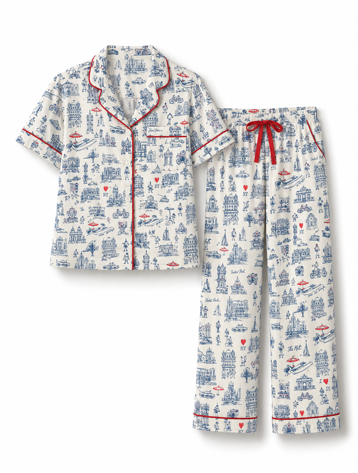 New York Toile Pant Set Pajamas - Navy Blue