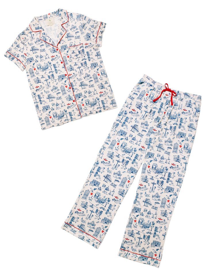 New York Toile Pant Set Pajamas - Navy Blue