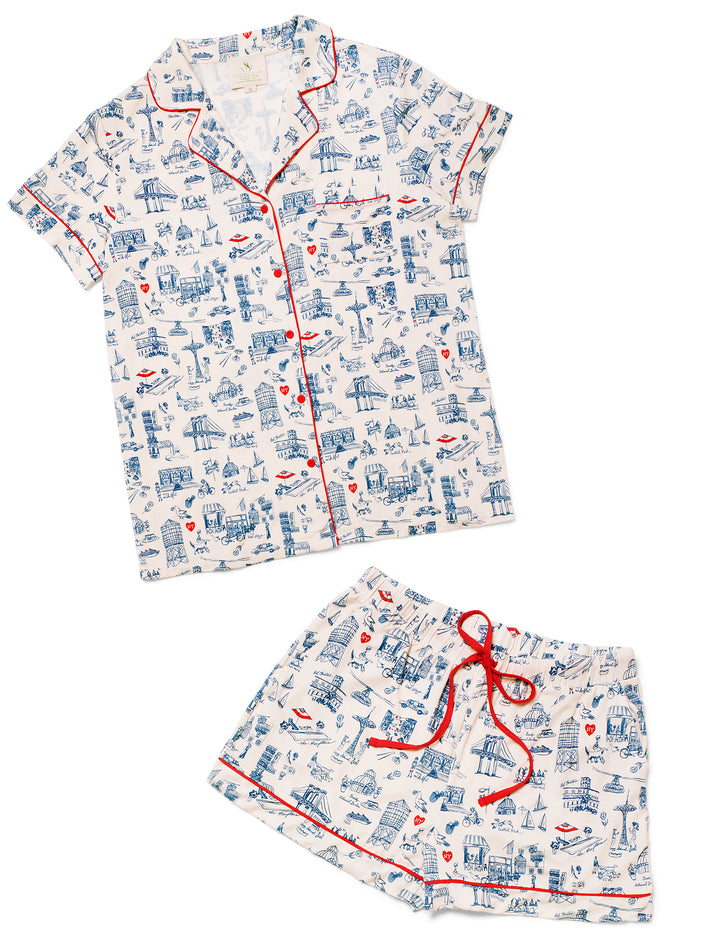 New York Toile Short Set Pajamas - Navy Blue