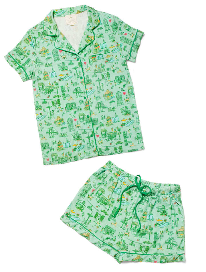 New York Toile Short Set Pajamas - Green