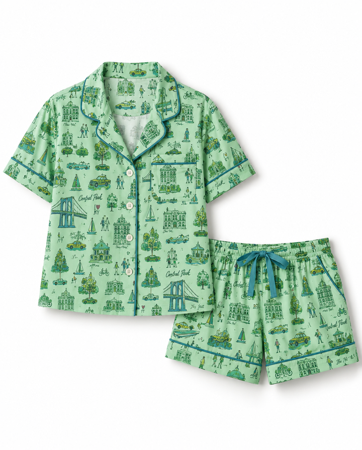 New York Toile Short Set Pajamas - Green
