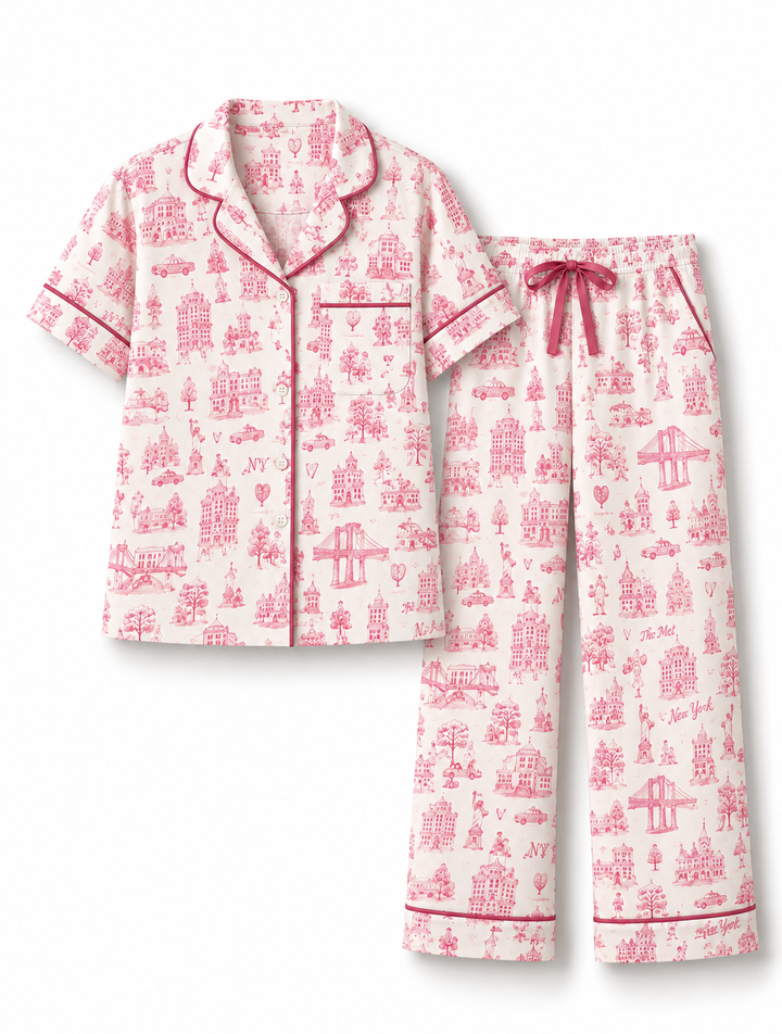 New York Toile Pant Set Pajamas - Pink