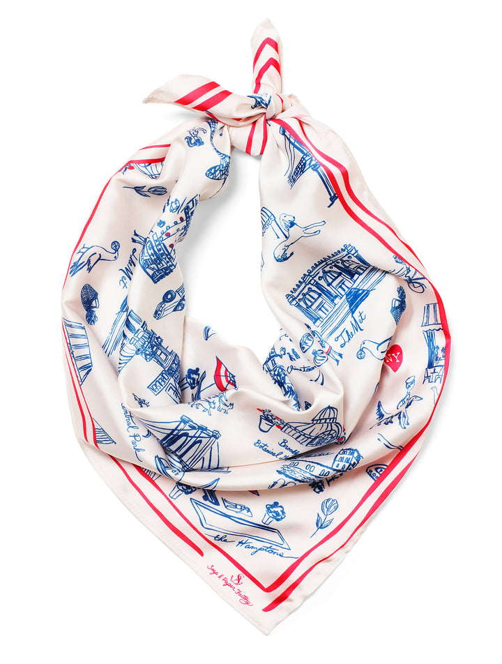 New York Toile Satin Scarf - Navy Blue